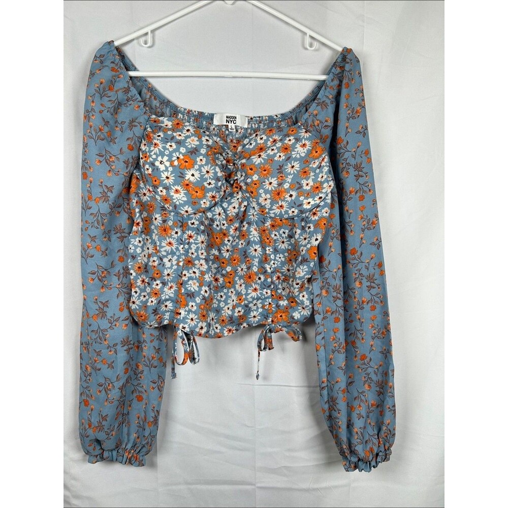 Madden Floral Peasant Blouse Juniors Large Blue Orange Tie Sleeves Boho Festival